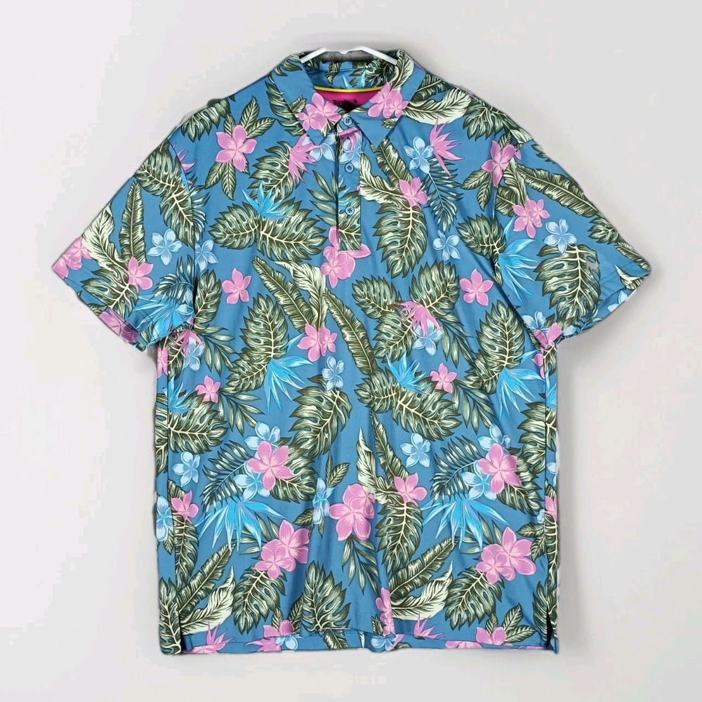 Birdie Bound Golf Polo Men Large Blue Tropical Plumeria Floral Aloha Performance